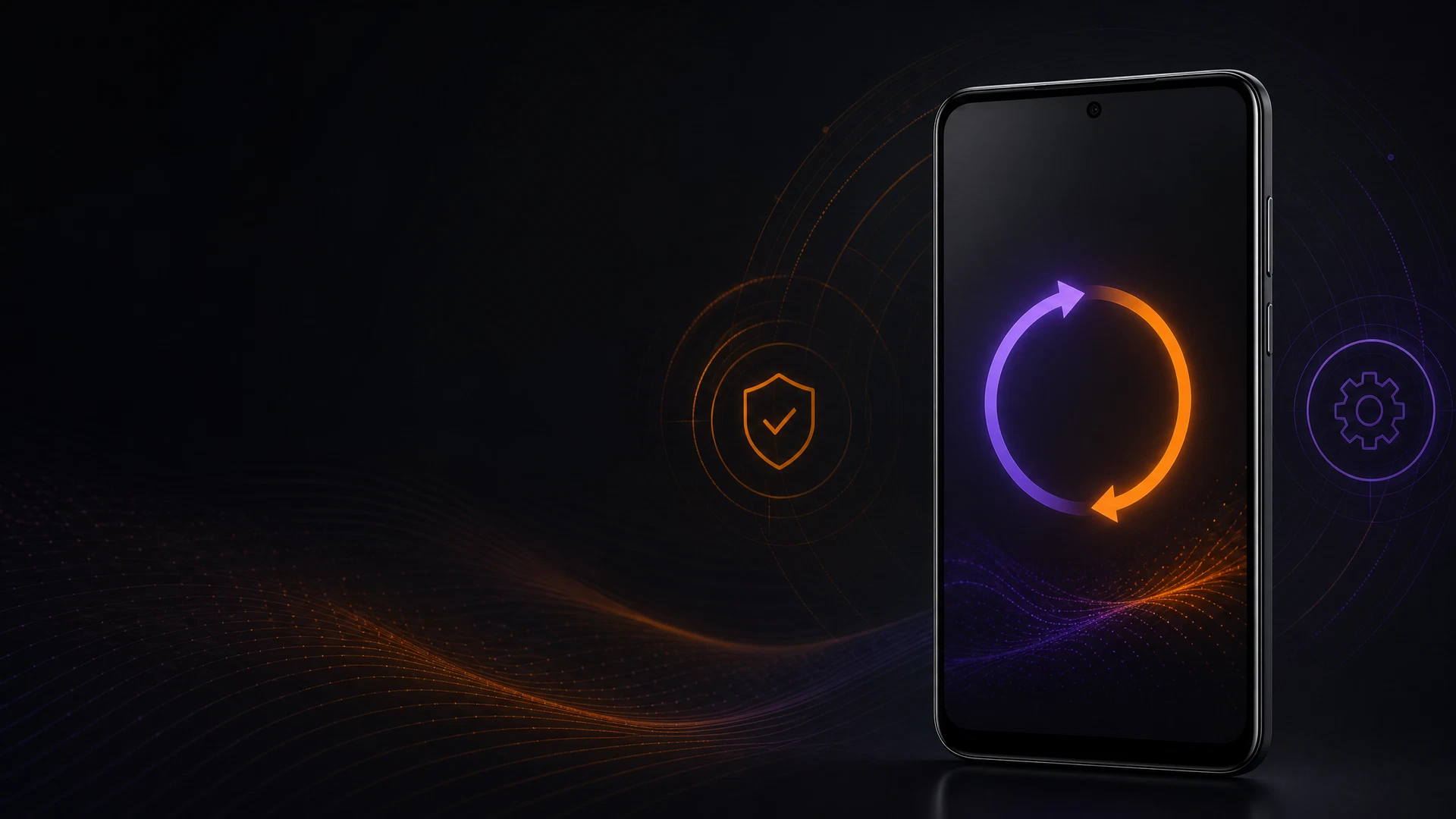 Smartphone com indicador abstrato de atualização em tons de laranja e roxo
