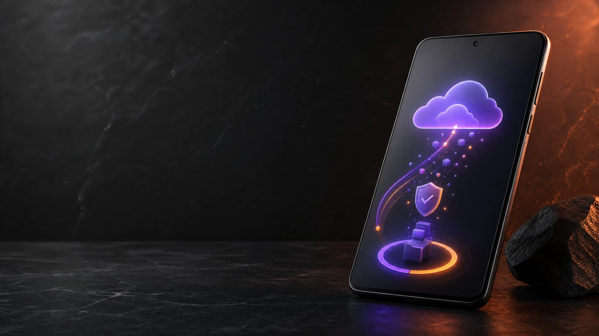 Smartphone Android ao lado de elementos visuais de backup em nuvem